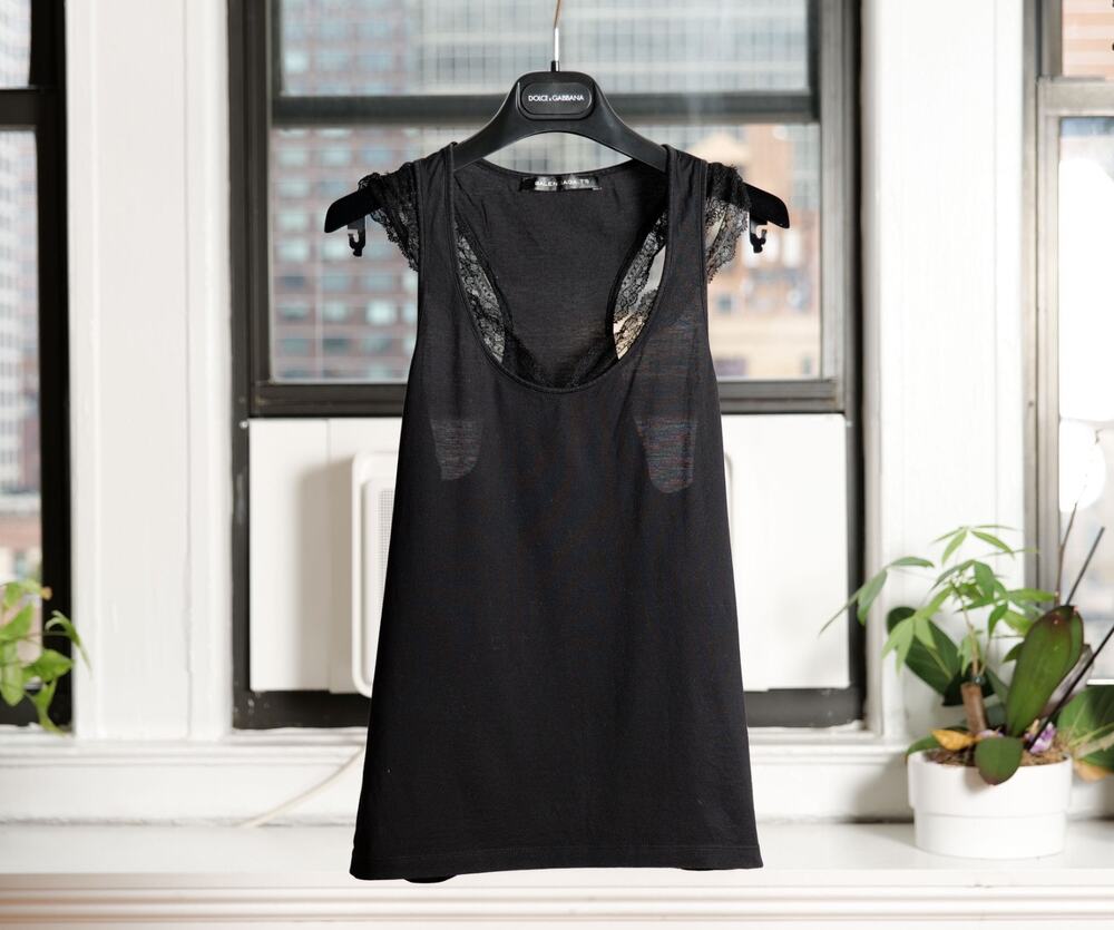 Balenciaga 2008 Black Floral Lace Trim Racerback Scoop Neck Tank Top (Size: S)